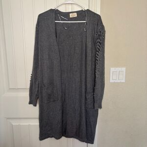 Ember womens gray open front knit cardigan  w/beaded lace long sleeve sze large